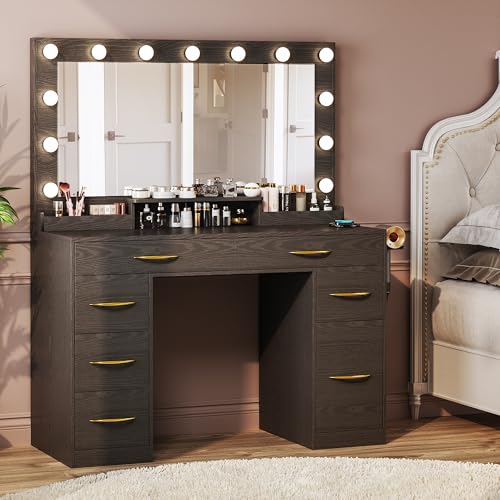 White Vanity Desk with Lights and Large Mirror F430