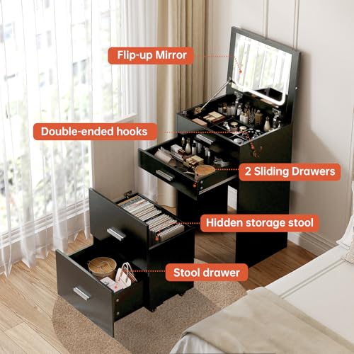 Compact Vanity with 3 Drawers, Makeup Desk with Lighted Mirror and Stool, White P76418