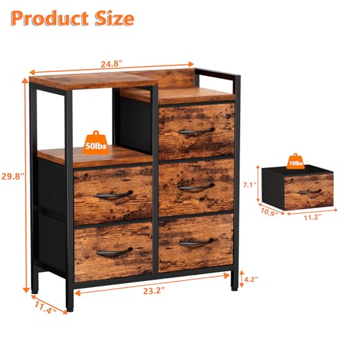 Furnulem 5 Drawer Black Fabric Dresser for Bedroom with Metal Frame D6974