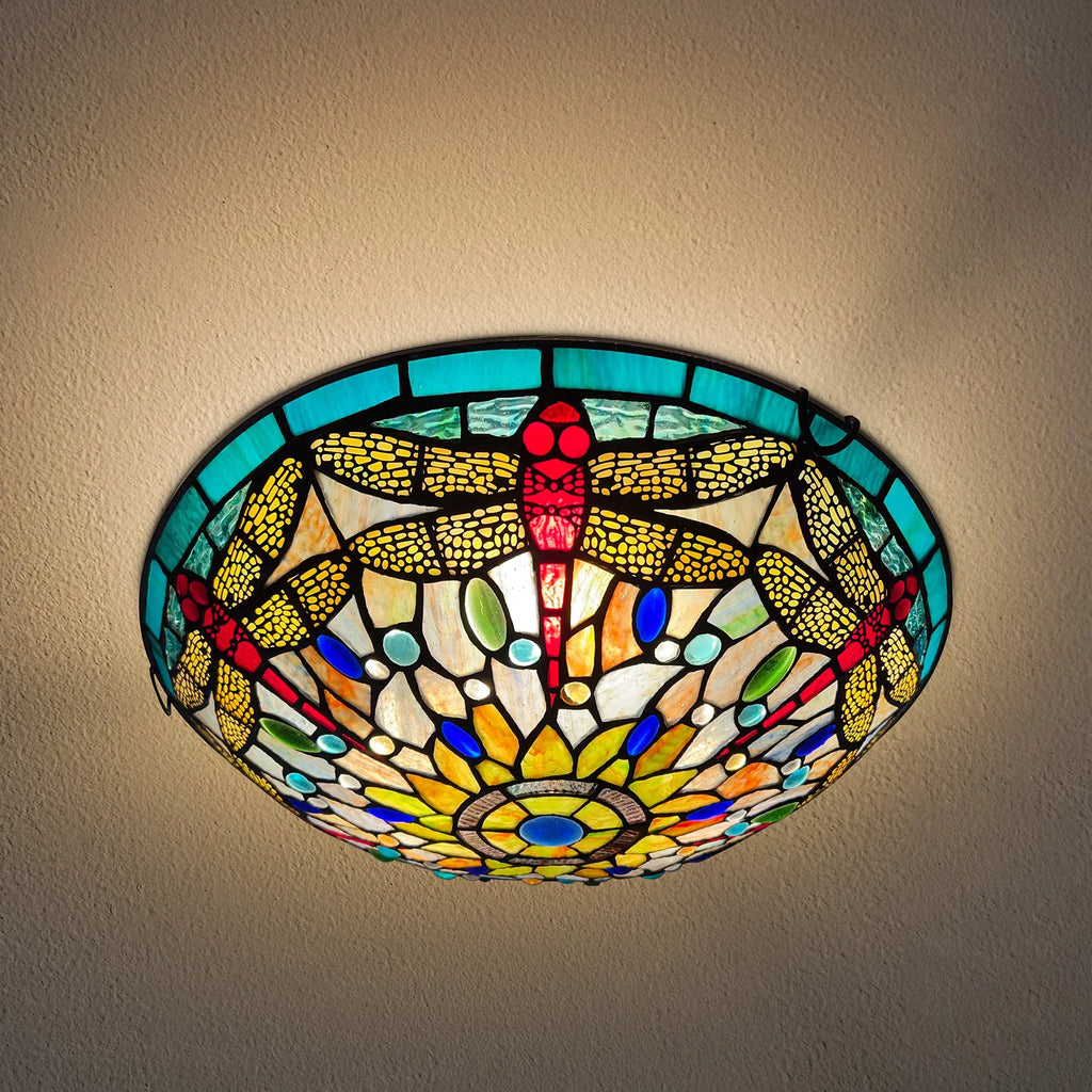Tiffany Red Dragonfly Stained Glass Flush Mount Ceiling Light L1781