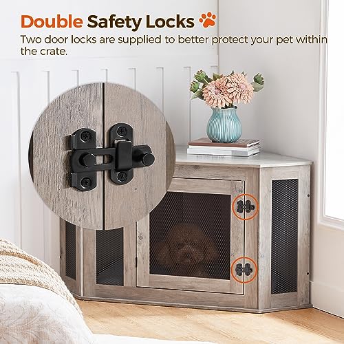 Corner Dog Crate Furniture Wooden Kennel End Table for Small Medium Dogs Greige and Black V3428