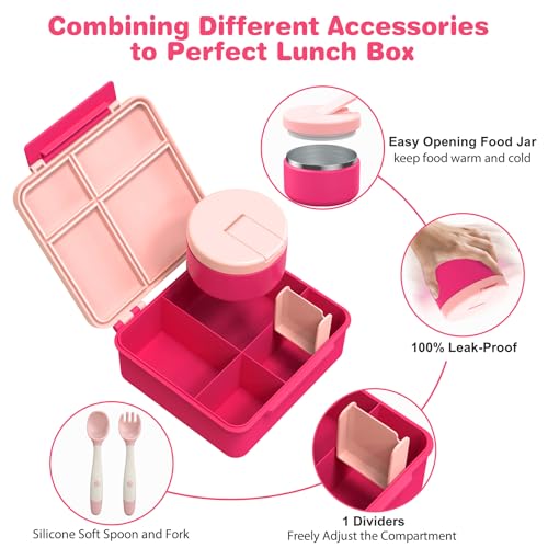Bento Lunch Box with 8oz Soup Thermo, Kids Leakproof 4 Compartment, Pink B2720