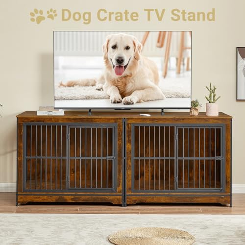 Rovibek 86" Stackable Dog Kennel Furniture with Removable Divider & 3 Doors, Rustic Brown I176