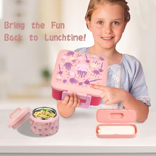 Bento Lunch Box for Kids with 5 Compartments and Thermos, Blue Dinosaur G749