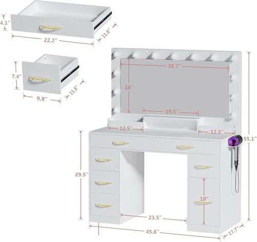White Vanity Desk with Large Mirror and Lights I322