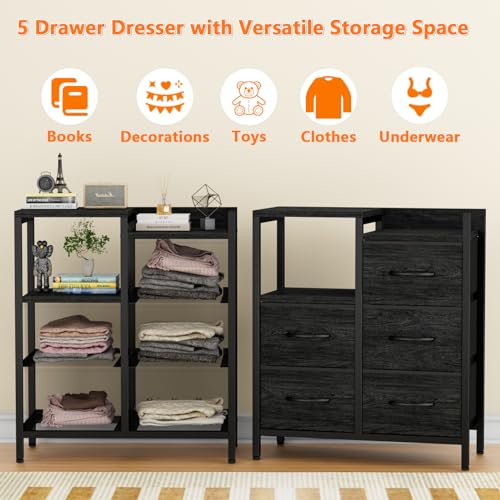 Furnulem 5 Drawer Black Fabric Dresser for Bedroom with Metal Frame D6974