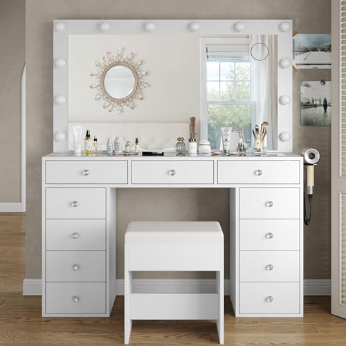 Vanity Desk with Power Outlet, LED Mirror, 11 Drawers and Chair, White H391193