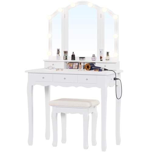 Tiptiper White Makeup Vanity with Lights, Mirror & Stool F7341