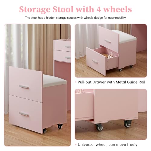 Compact Vanity with 3 Drawers, Makeup Desk with Lighted Mirror and Stool, White P76418