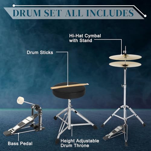 Ktaxon 22 Inch 5-Piece Adult Drum Set with Cymbals and Stool (Blue) G680