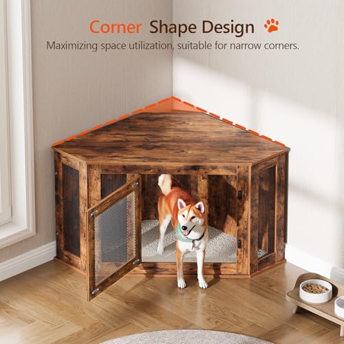 Corner Dog Crate Furniture Wooden Kennel End Table for Small Medium Dogs Greige and Black V3428