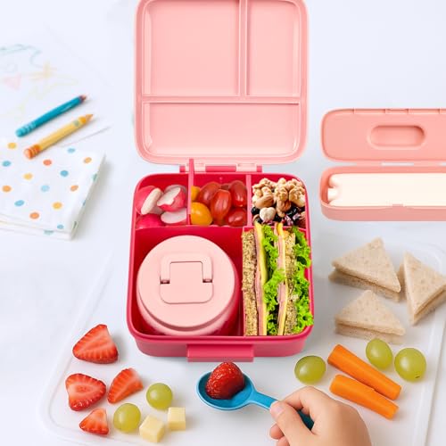 Bento Lunch Box for Kids with 5 Compartments and Thermos, Blue Dinosaur G749