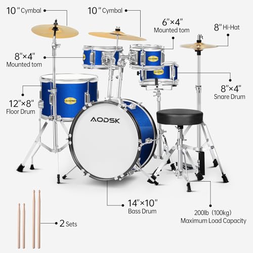 AODSK 5-Piece Kid Drum Set with Cymbal, Hi-Hat & Pedal, Black V3743