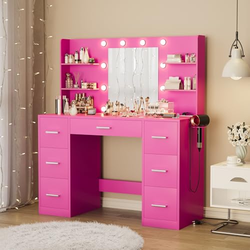 Furmax Vanity Desk with Mirror, LED Lights and Power Outlet, White O83814