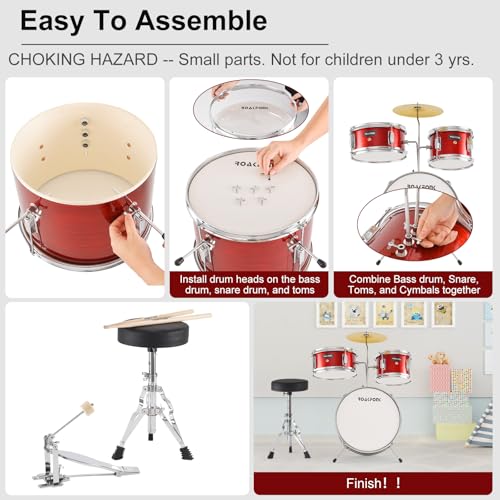 3 Piece Kids Drum Set with Throne, 14'' Bass Drum, Adjustable Seat W12582