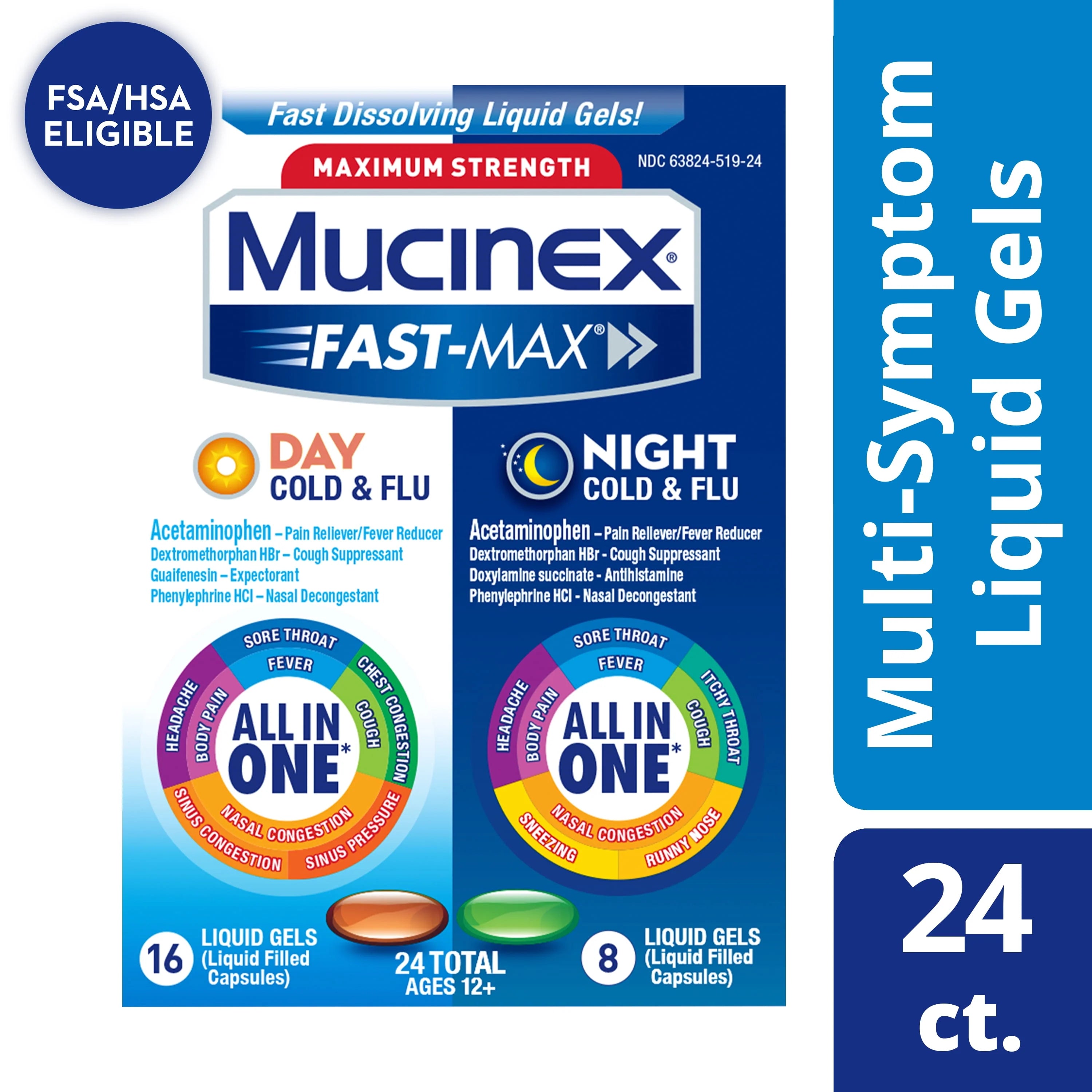 Mucinex All in One Fast Max, Cold and Flu Medicine, Day & Night Combo Pack (16 Day + 8 Night) Liquid Gels