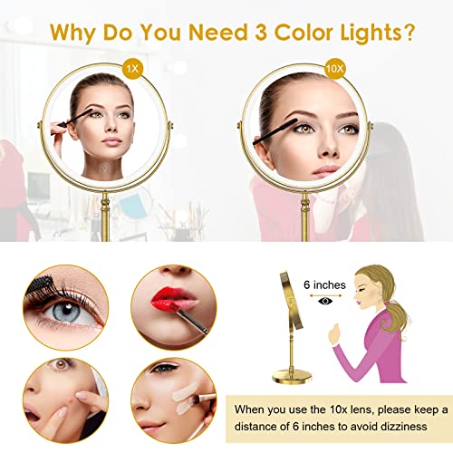 Lighted Makeup Mirror, Rechargeable Double Sided Magnifying Vanity Mirror, 3 Colors, 1x/10x F7514