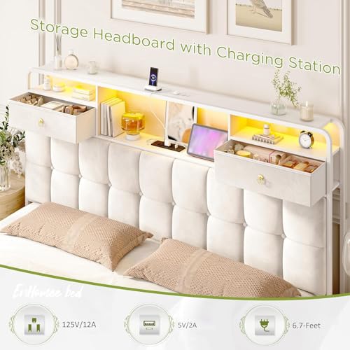 EnHomee King Size Bed Frame with 4 Drawers, Headboard, Charging Station and LED Lights, Grey I310