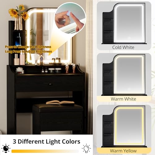 LIKIMIO Small Makeup Vanity Desk with Mirror and Lights, White S9485