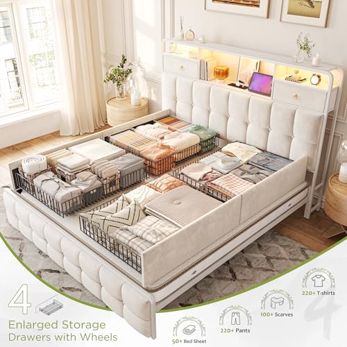 EnHomee King Size Bed Frame with 4 Drawers, Headboard, Charging Station and LED Lights, Grey I310