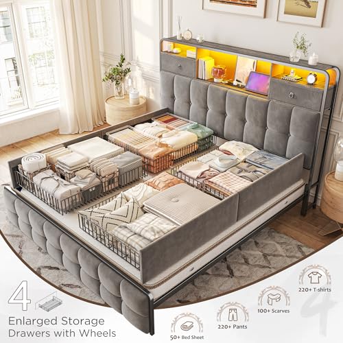 EnHomee King Size Bed Frame with 4 Drawers, Headboard, Charging Station and LED Lights, Grey I310