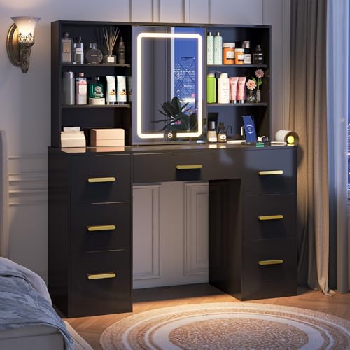 Large Vanity Desk with Mirror and Lights, 7 Drawers, White T162772