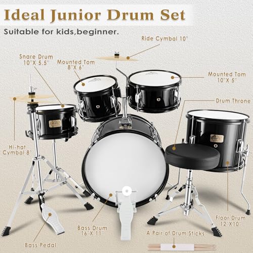 EASTROCK Kids Drum Set 5-Piece 16 Inches Junior Drum Kit with Throne, Cymbal, Pedal & Sticks U617814