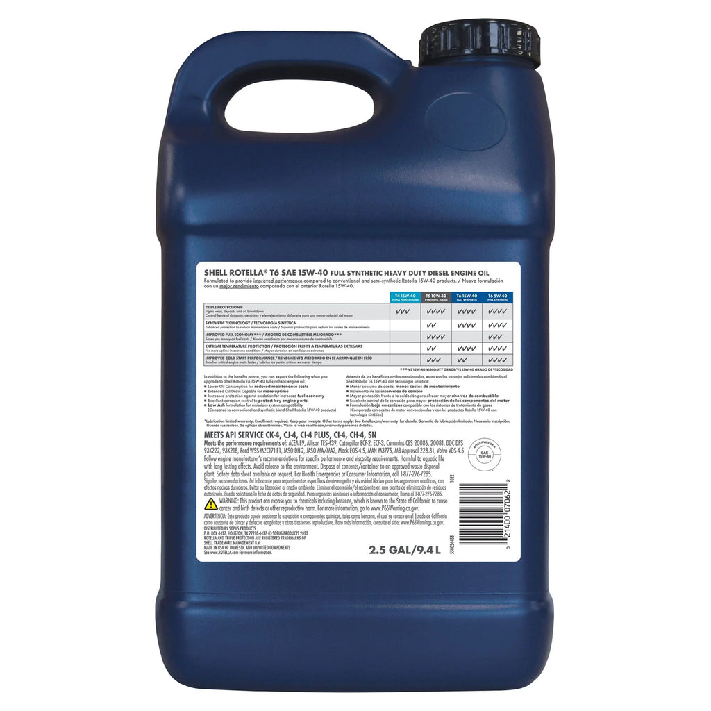 Shell Rotella T6 Full Synthetic 15W-40 Diesel Engine Oil, 2.5 Gallon B3590