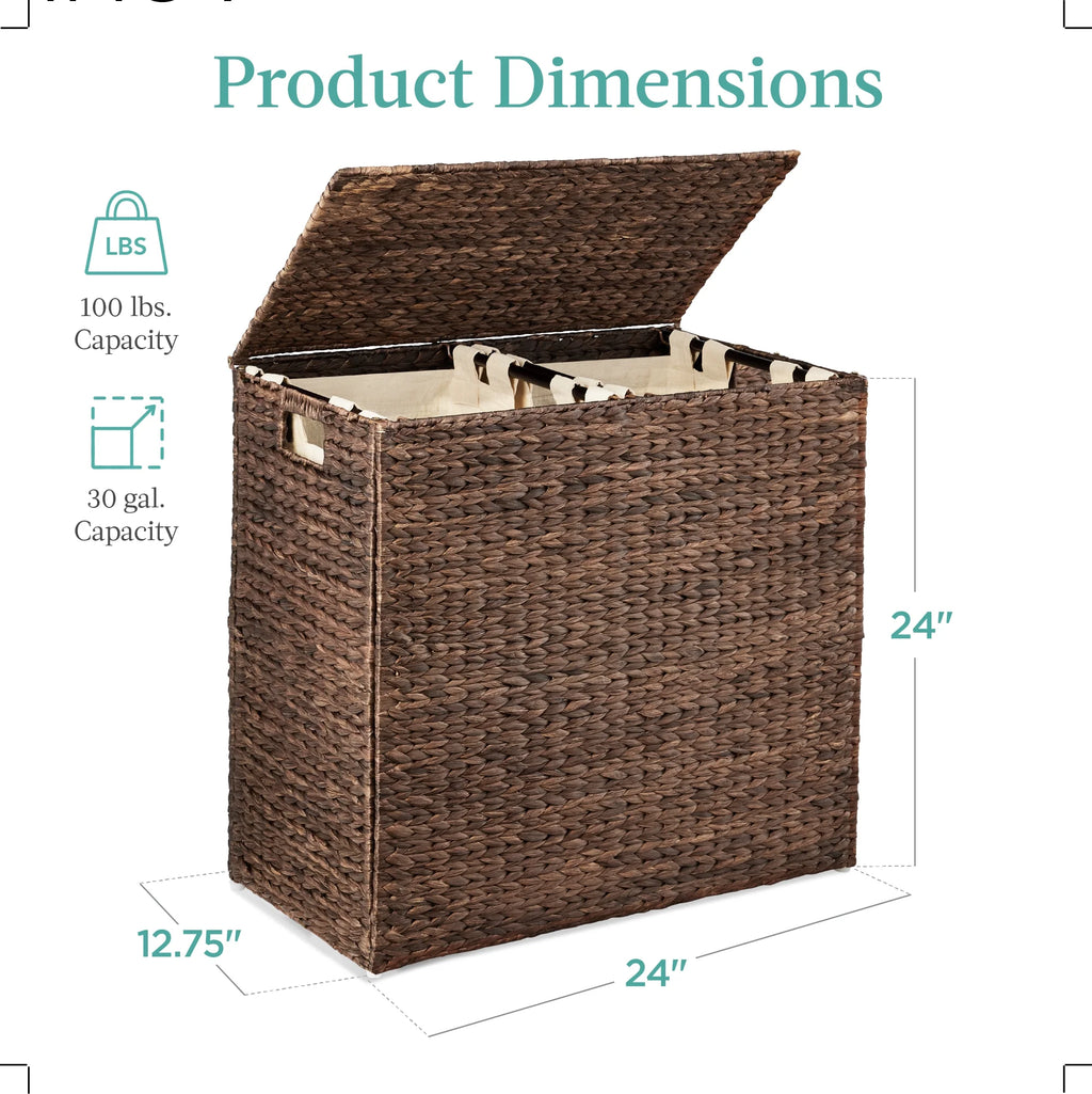 Large Natural Water Hyacinth Double Laundry Hamper Basket with 2 Liner Bags, Espresso H159