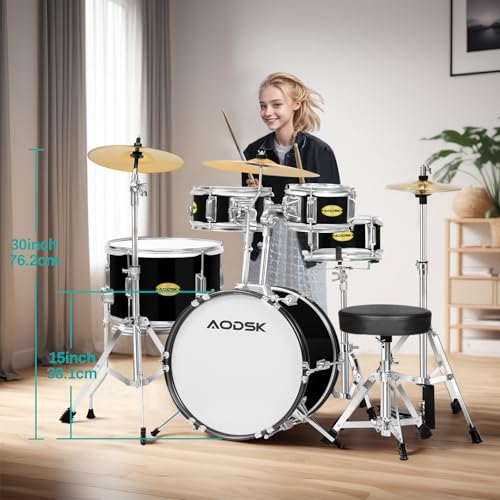 AODSK 5-Piece Kid Drum Set with Cymbal, Hi-Hat & Pedal, Black V3743