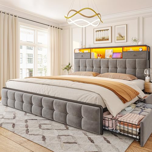 EnHomee King Size Bed Frame with 4 Drawers, Headboard, Charging Station and LED Lights, Grey I310
