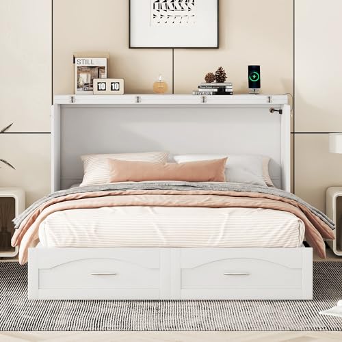 Queen Size Murphy Wall Bed with Storage and Bookcase Headboard, Solid Wood, White F901