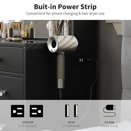 55" Vanity Desk with Charging Station and Lighted Mirror, Black Z765