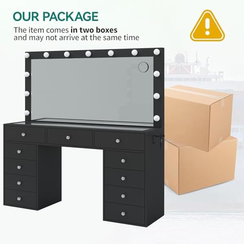 Vanity Desk with Power Outlet, LED Mirror, 11 Drawers and Chair, White H391193