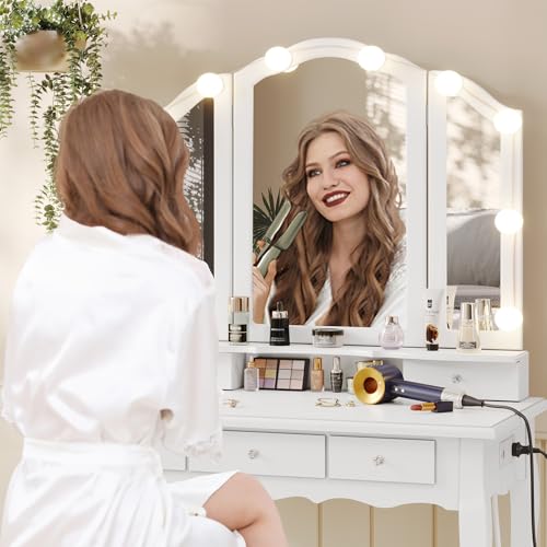Tiptiper White Makeup Vanity with Lights, Mirror & Stool F7341