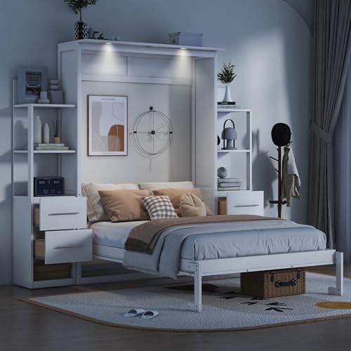 MERITLINE Queen Murphy Bed with Storage Drawers, LED Lights and Shelves, Grey P714