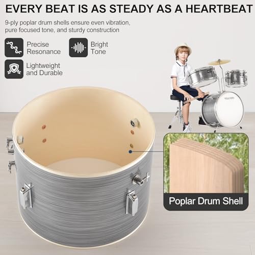 3 Piece Kids Drum Set with Throne, 14'' Bass Drum, Adjustable Seat W12582