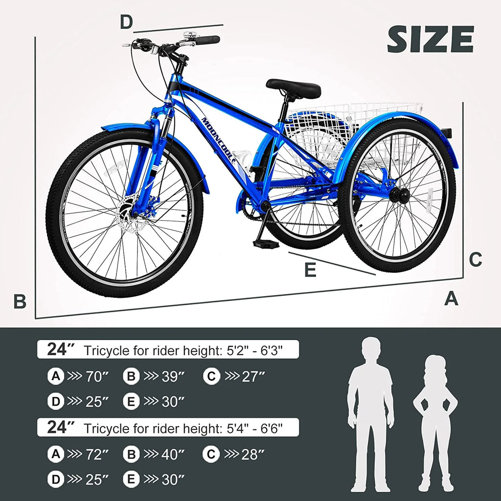 Slsy Mountain Tricycle for Adults, 7 Speed Three Wheel Bike with Cargo Basket I576