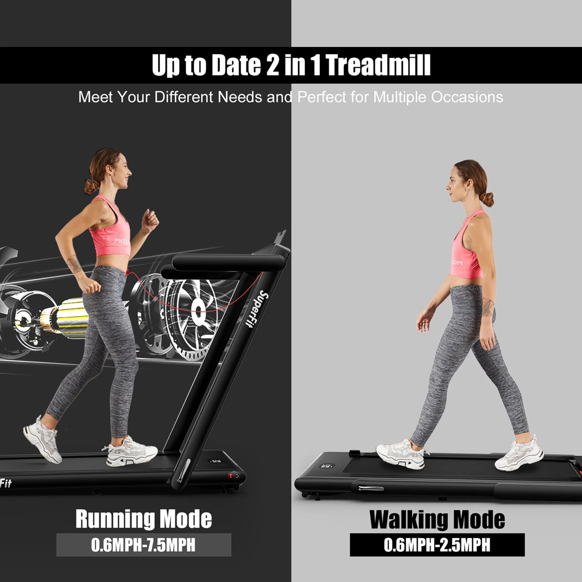 SuperFit 2 in 1 Folding Treadmill with APP Control Speaker Black D991